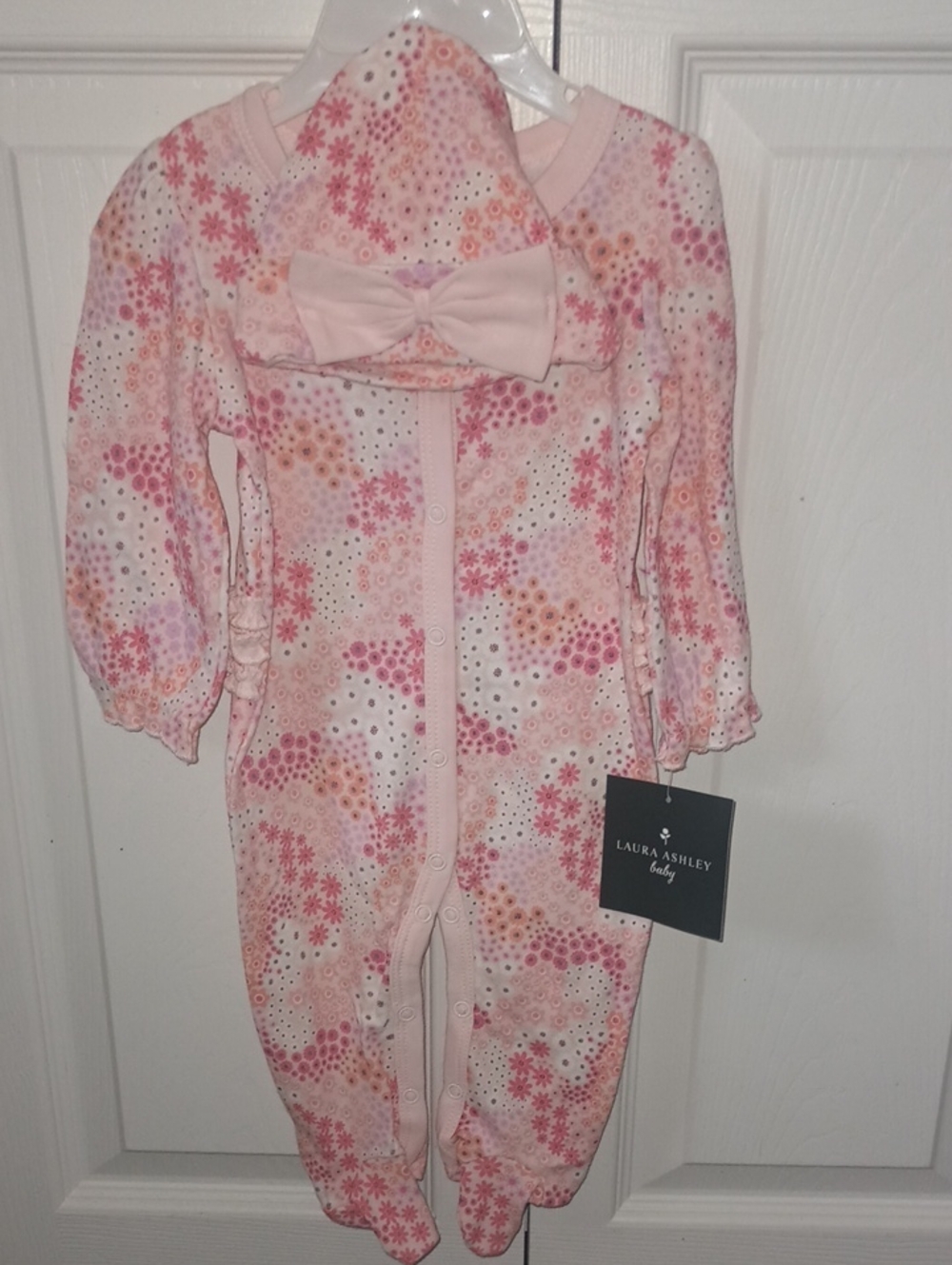 Laura Ashley Pink Floral Footed One-Piece with Bow Hat